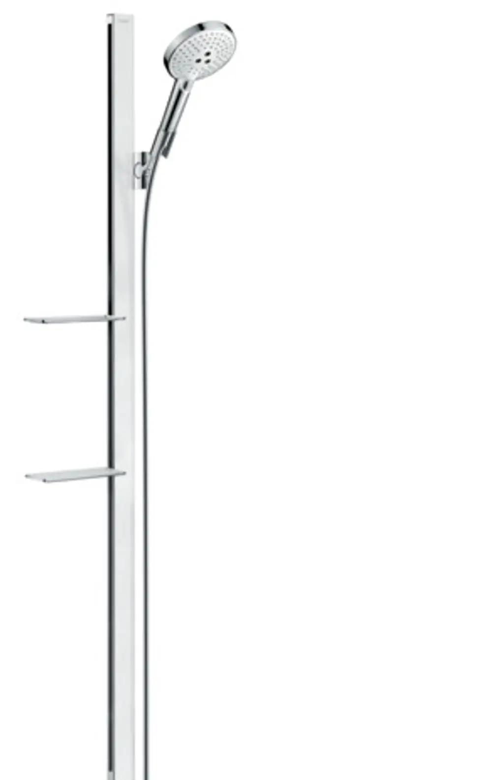 Hansgrohe Brauseanlage mit Handbrause und vertikaler Halterung, ausgestattet mit zwei Ablagen. Die Oberfläche ist in Weiß und Chrom gehalten.